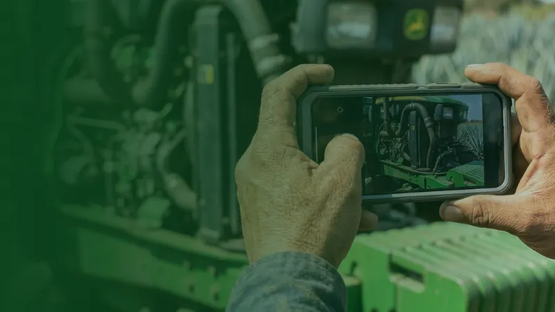 Productor del campo utilizando un smartphone para fotografiar un tractor agrícola.